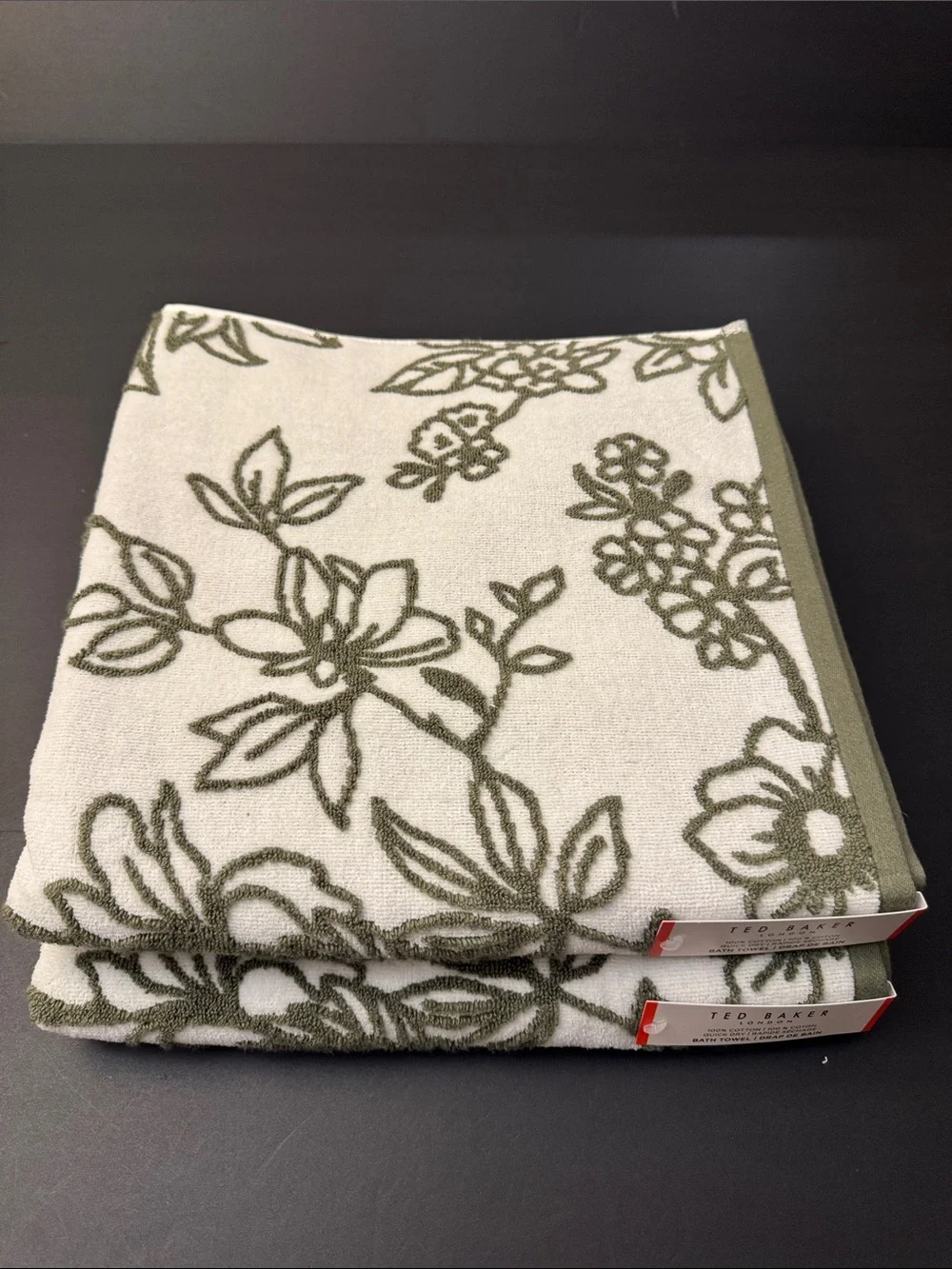 8pc TED BAKER London 100% Cotton Bath Towel Set - Quick Dry - Olive Green/White